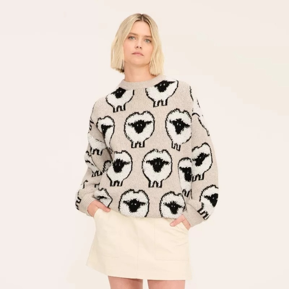 NWT! Woolrich x Target Unisex Adult L Large Sheep Print Pullover Sweater, Taupe - Picture 3 of 12
